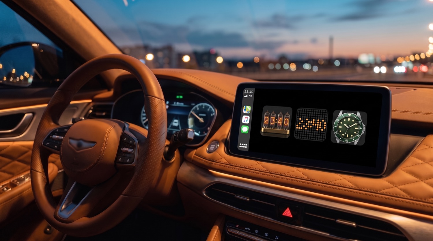 A car dashboard screen at dusk showing a nixie tube clock filling the display