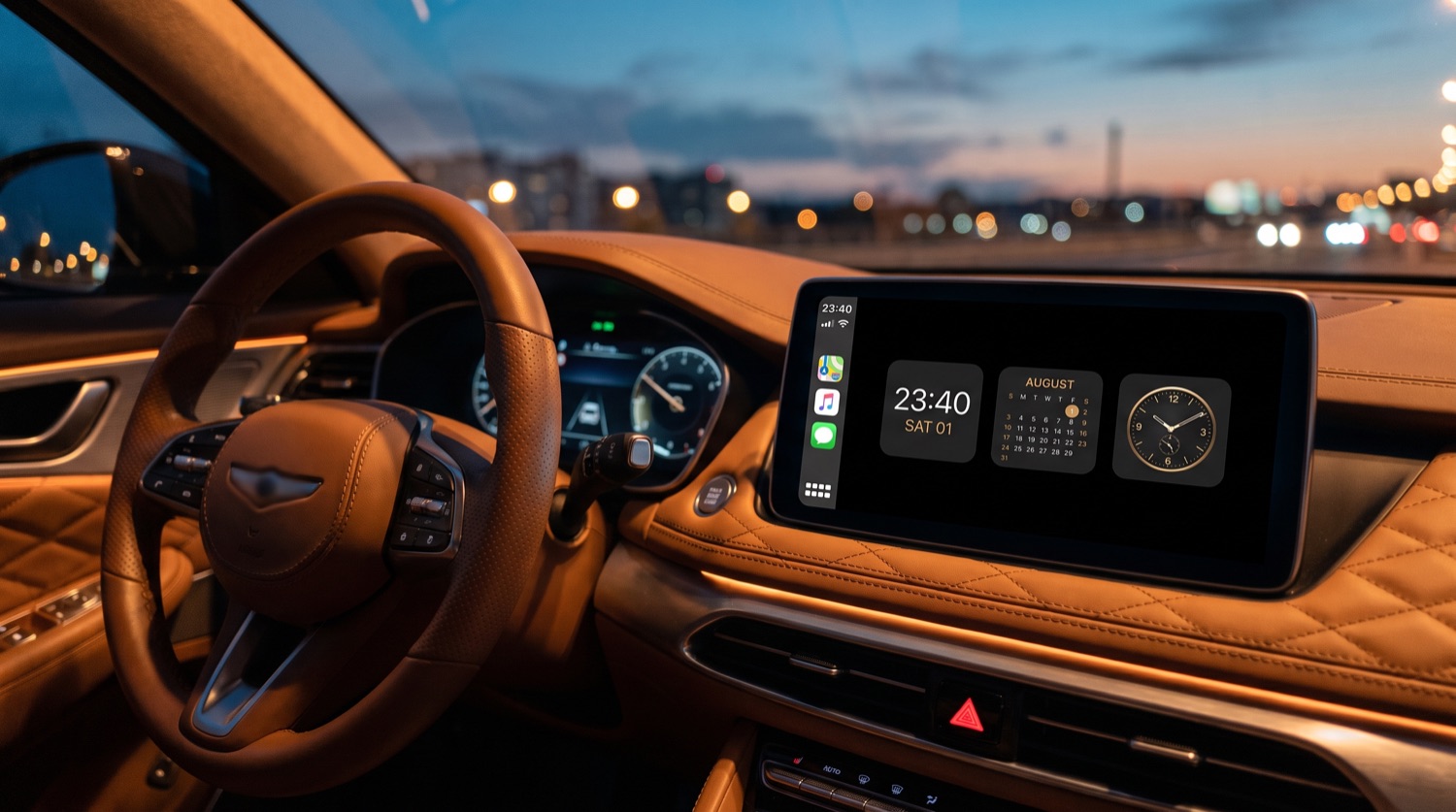 Concept render: a car dashboard display at dusk showing three square clock and calendar widgets