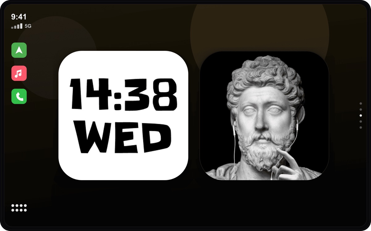 A CarPlay dashboard themed with CarTheme: a large clock widget beside a photo widget