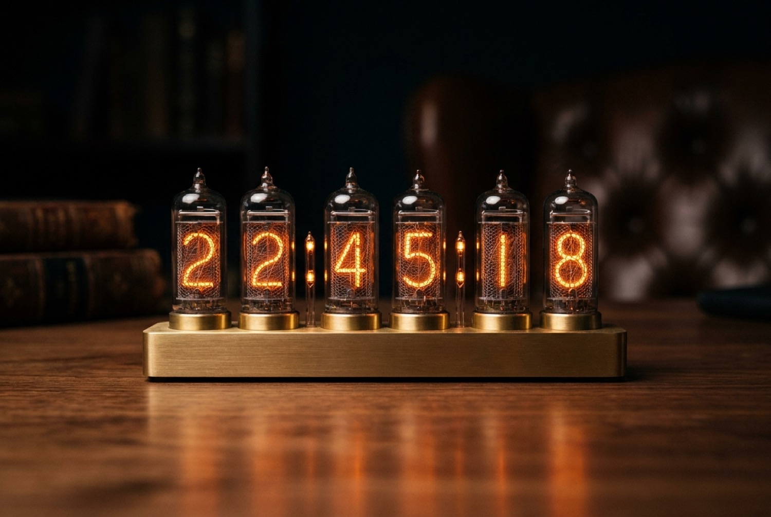 A vintage nixie tube clock with six glowing IN-14 tubes on a walnut desk