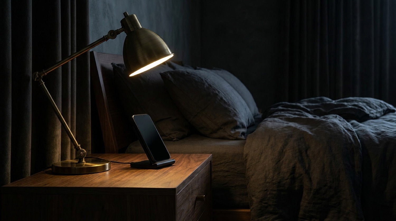 An iPhone on a charging stand on a walnut nightstand in a dark bedroom