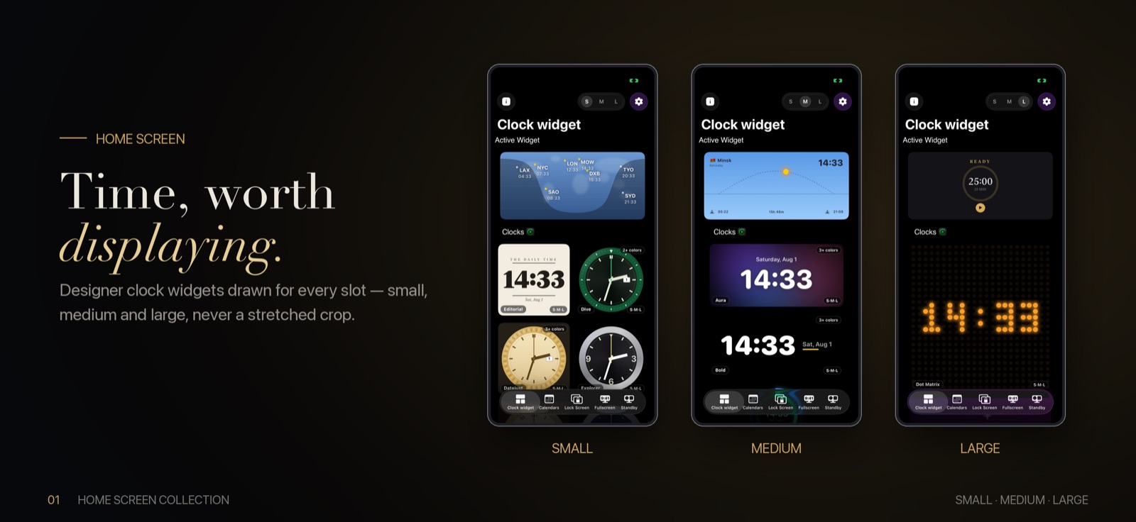 Home Screen — Small, medium and large — three designs, not one crop.